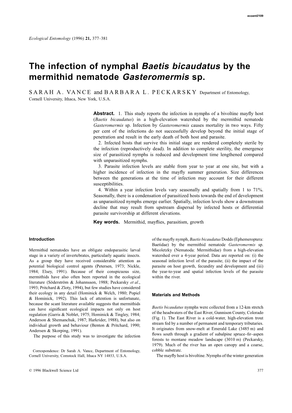 The Infection of Nymphal Baetis Bicaudatus by the Mermithid Nematode Gasteromermis Sp