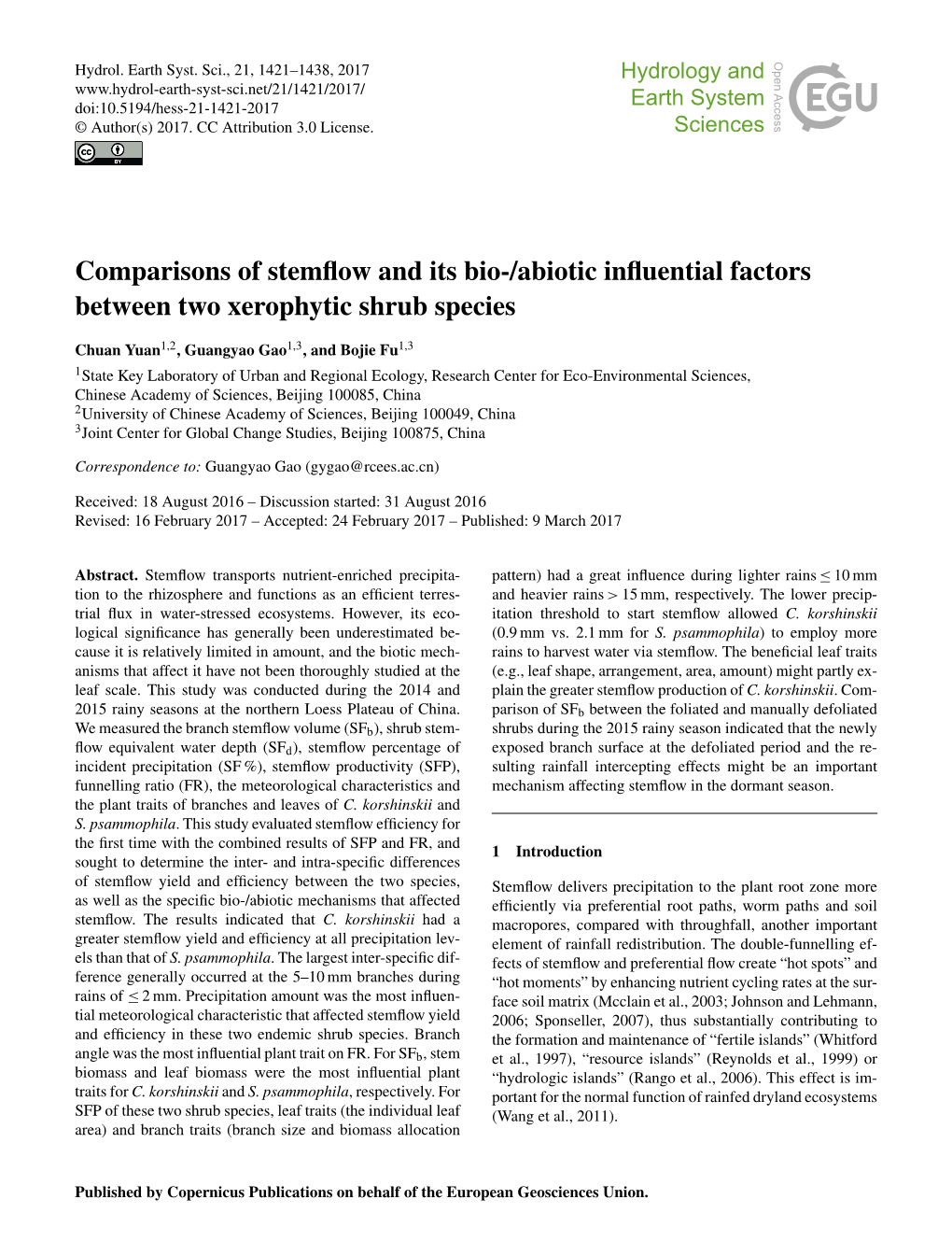 Comparisons of Stemflow and Its Bio-/Abiotic Influential Factors