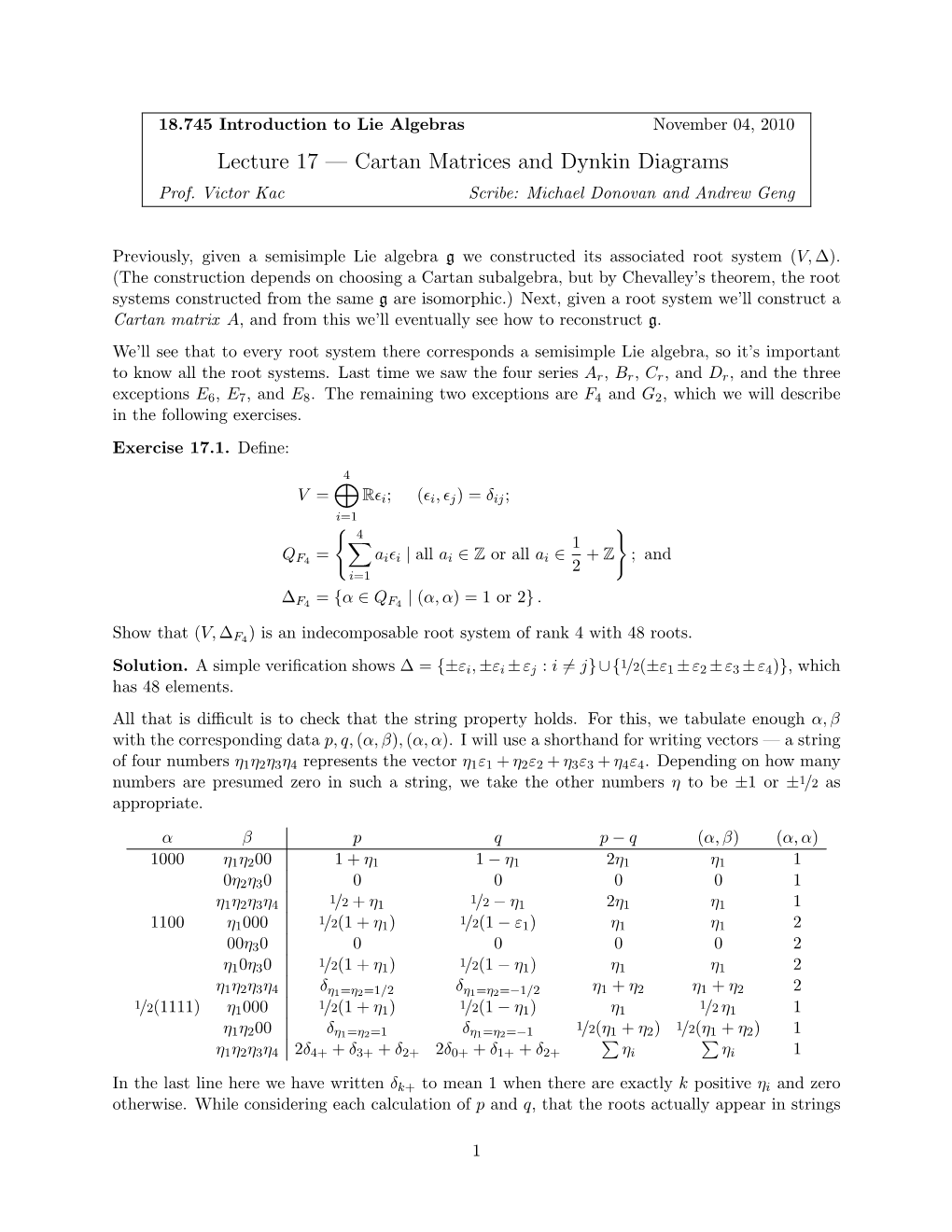 Lecture 17 — Cartan Matrices and Dynkin Diagrams Prof