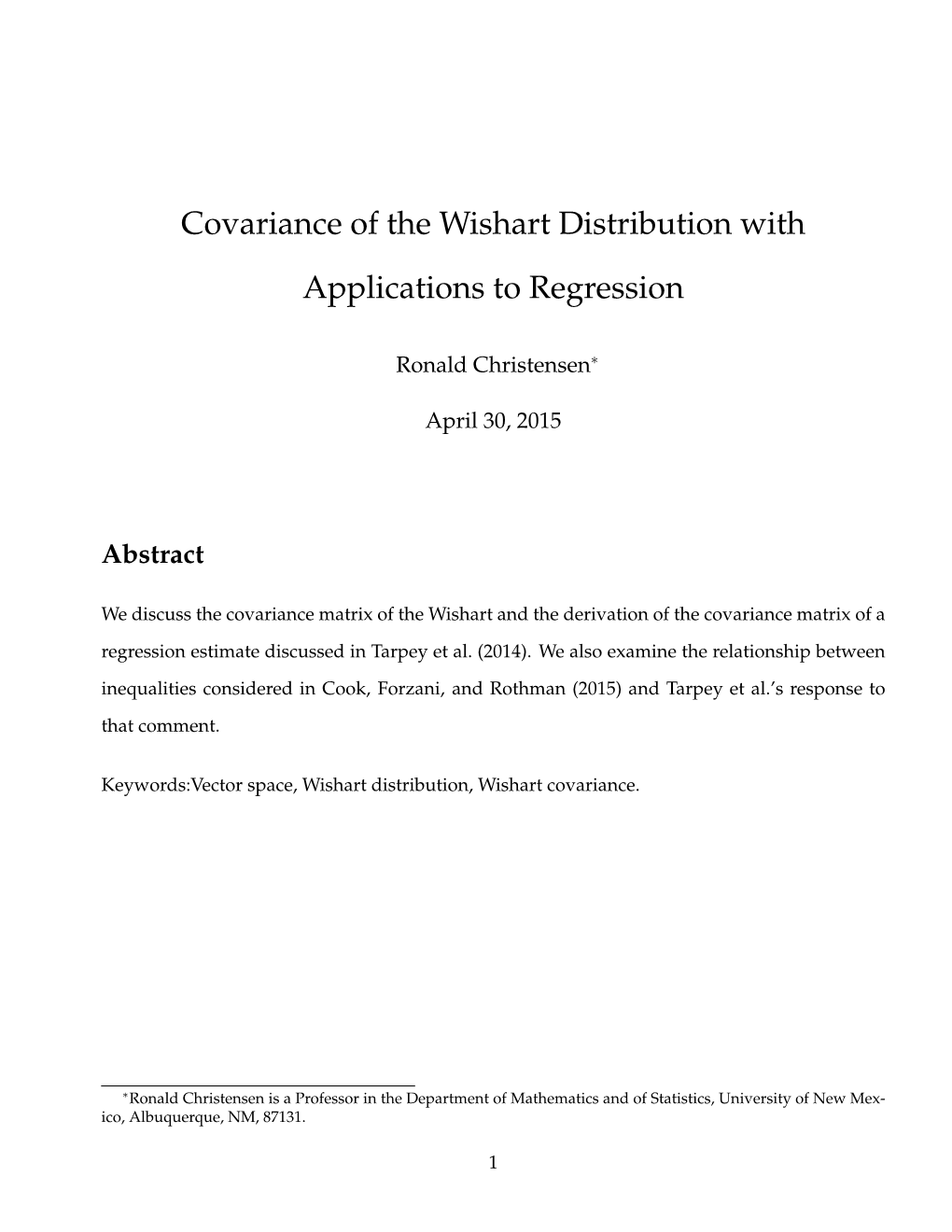 Covariance of the Wishart Distribution with Applications to Regression