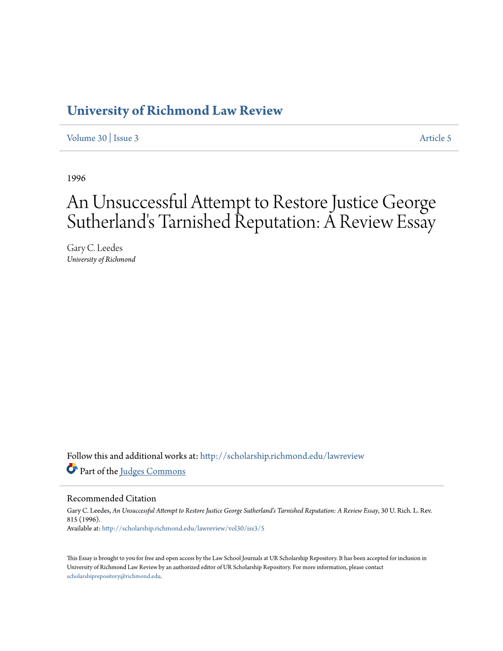 An Unsuccessful Attempt to Restore Justice George Sutherland's Tarnished Reputation: a Review Essay Gary C