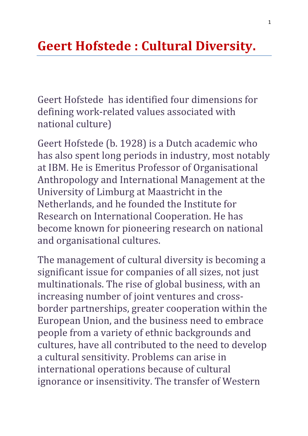 Geert Hofstede : Cultural Diversity