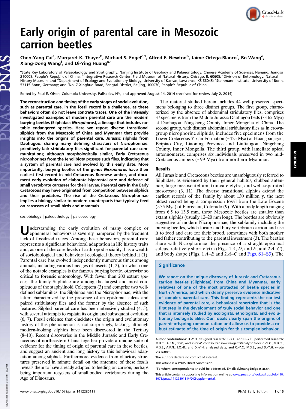 Early Origin of Parental Care in Mesozoic Carrion Beetles