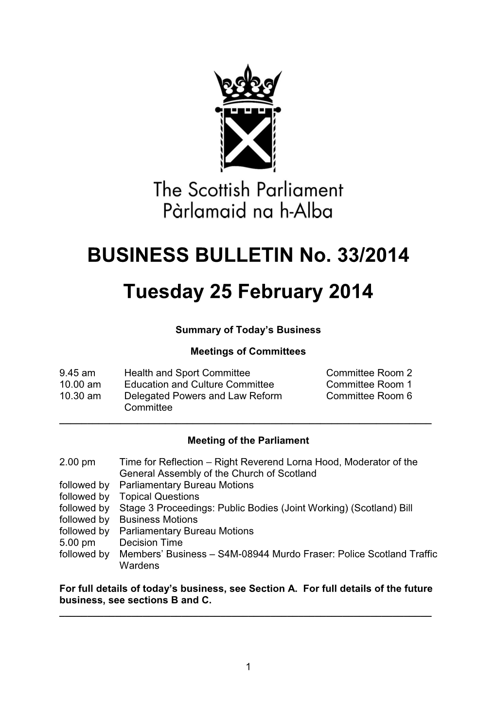 BUSINESS BULLETIN No. 33/2014 Tuesday 25 February 2014