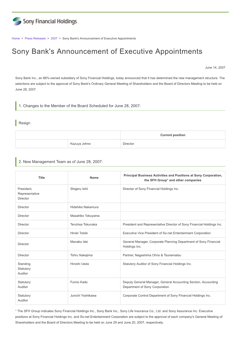 Sony Bank's Announcement of Executive Appointments