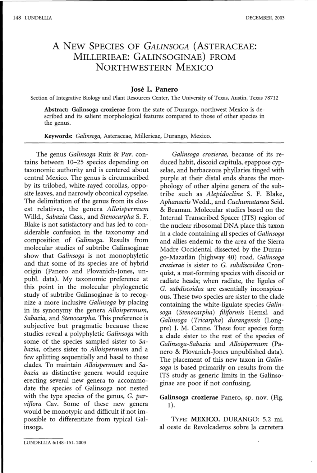 A New Species of Galinsoga (Asteraceae: Millerieae: Galinsoginae) from Northwestern Mexico