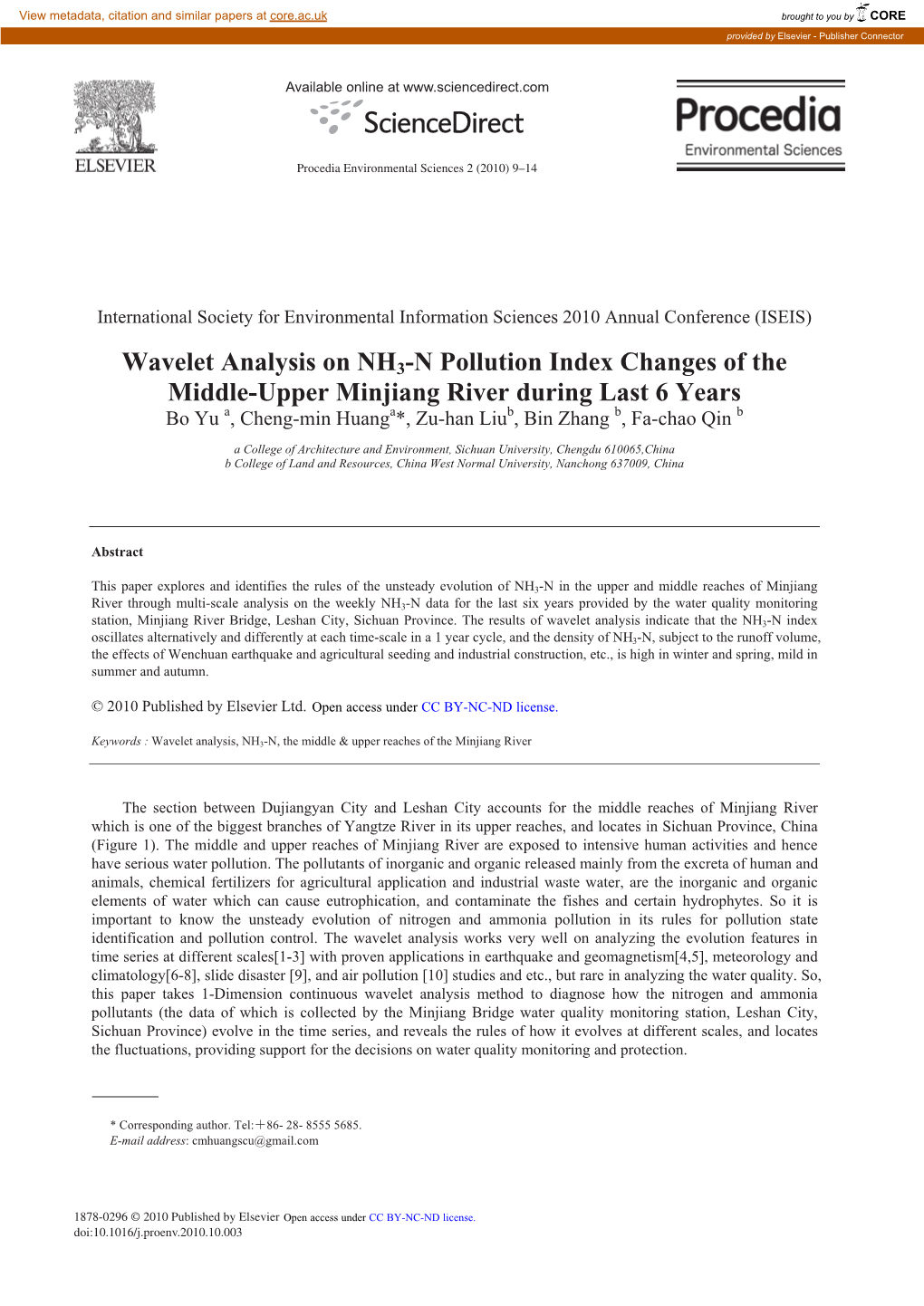 Wavelet Analysis on NH3-N Pollution Index Changes of the Middle-Upper