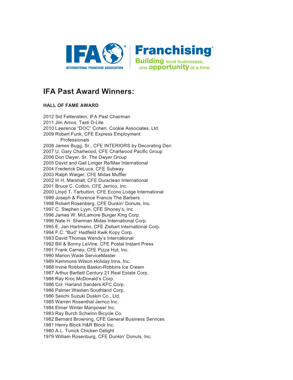 IFA Past Award Winners