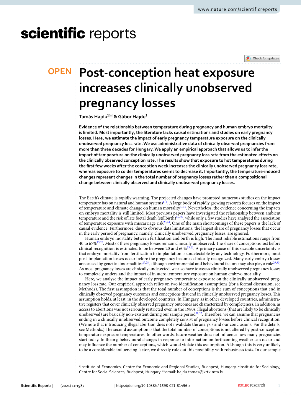 Post-Conception Heat Exposure Increases Clinically Unobserved