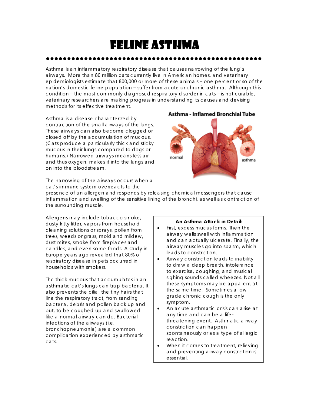 Feline Asthma ••••••••••••••••••••••••••••••••••••••••••••••••••• Asthma Is an Inflammatory Respiratory Disease That Causes Narrowing of the Lung’S Airways