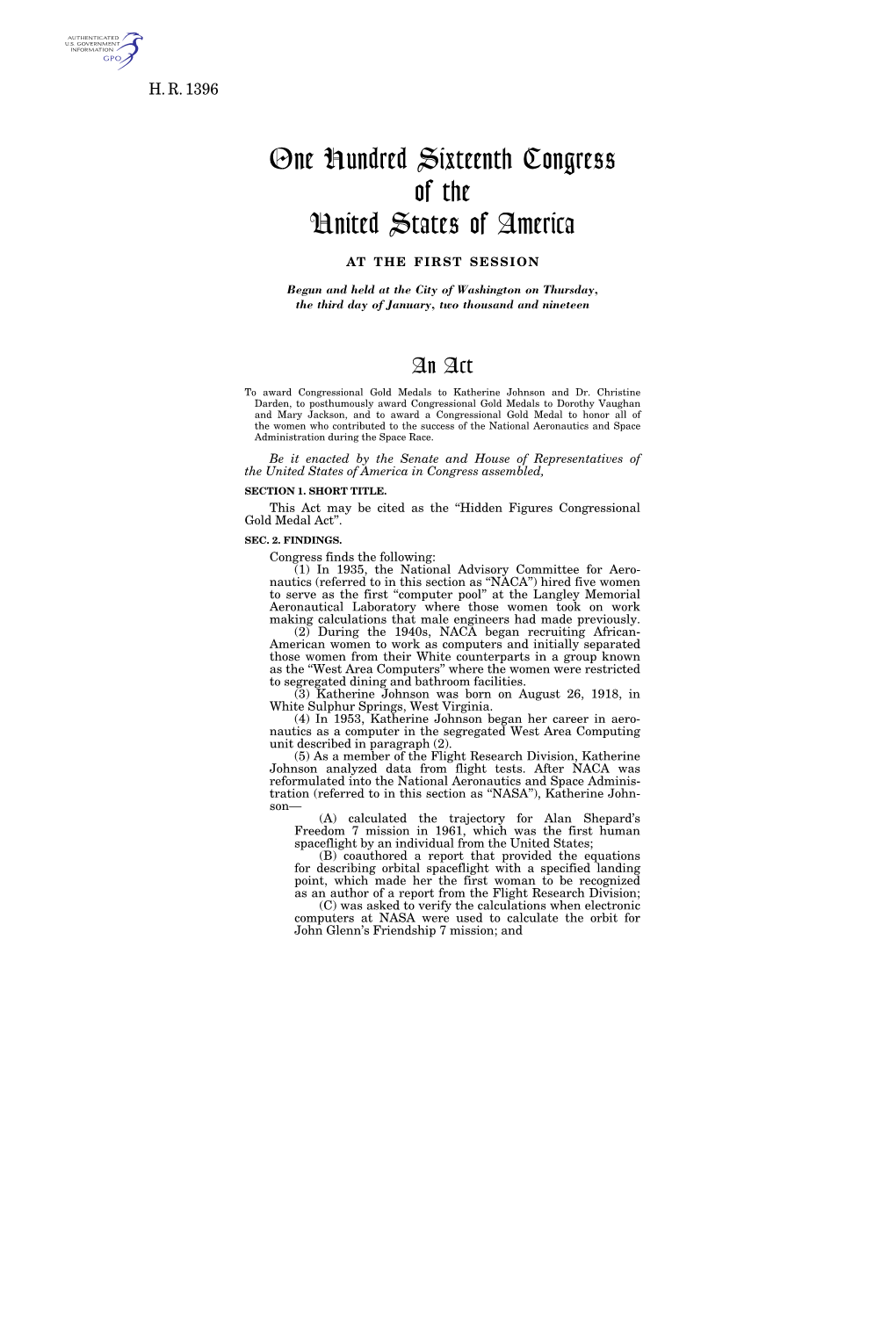 One Hundred Sixteenth Congress of the United States of America