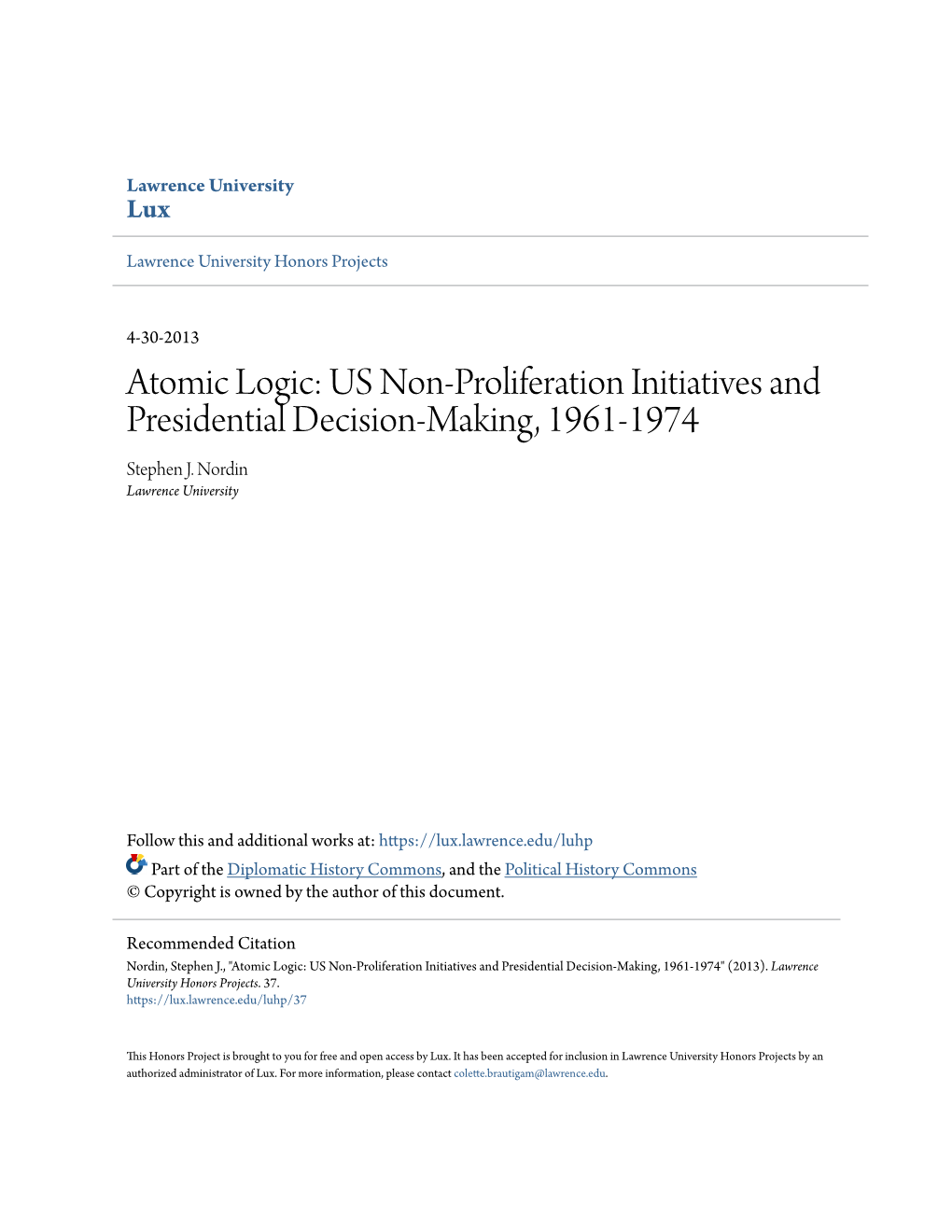 US Non-Proliferation Initiatives and Presidential Decision-Making, 1961-1974 Stephen J