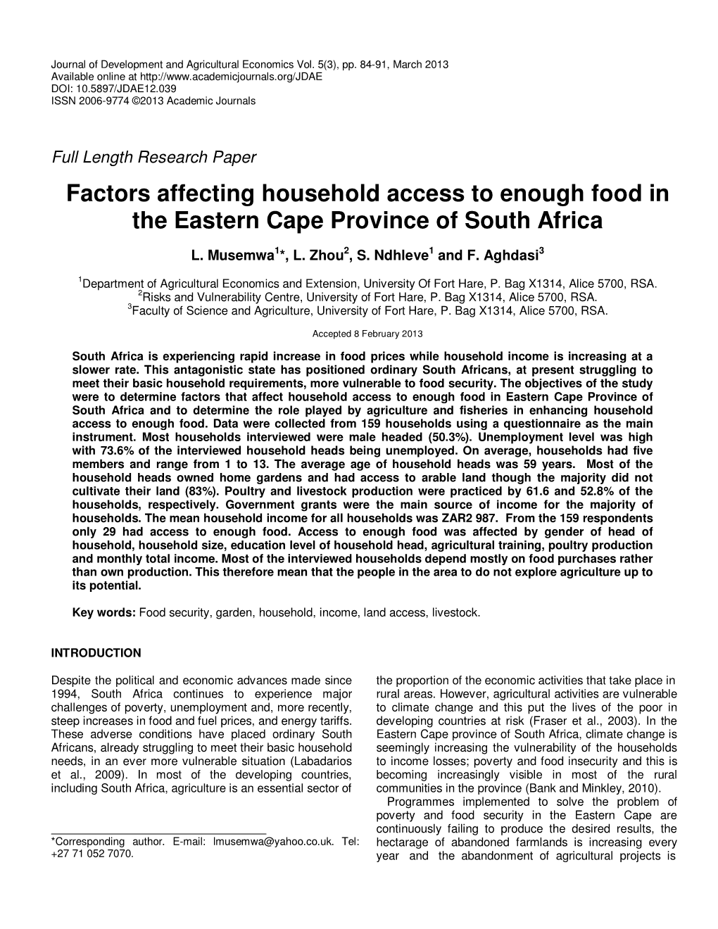 Factors Affecting Household Access to Enough Food in the Eastern Cape Province of South Africa