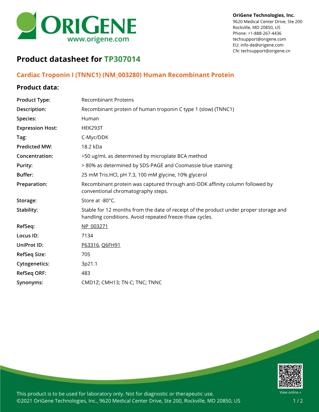 Cardiac Troponin I (TNNC1) (NM 003280) Human Recombinant Protein Product Data