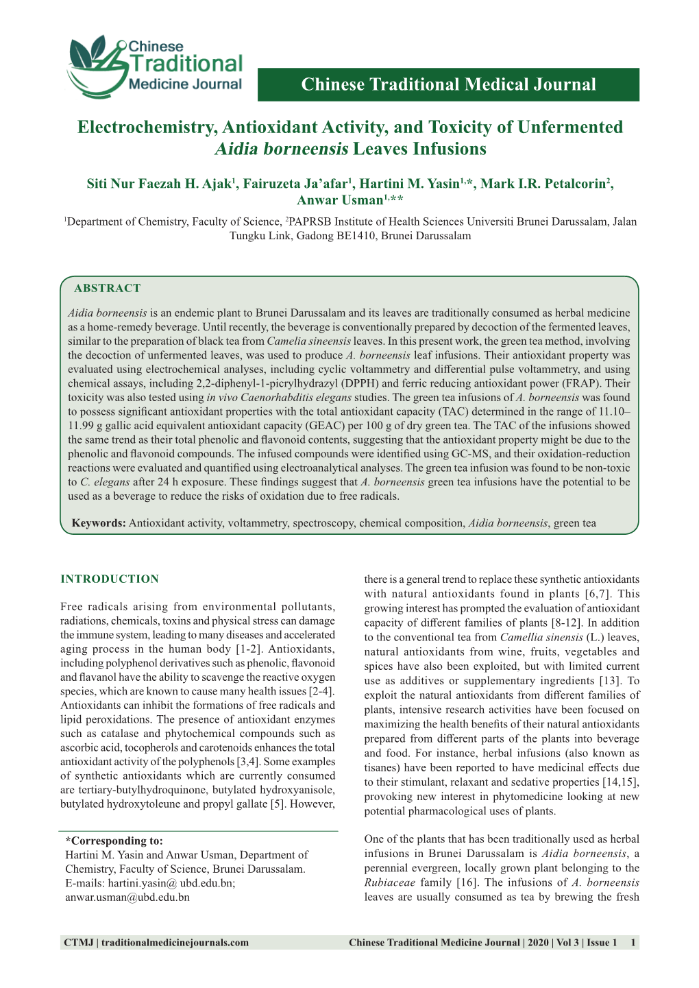 Electrochemistry, Antioxidant Activity, and Toxicity of Unfermented Aidia Borneensis Leaves Infusions Chinese Traditional Medica