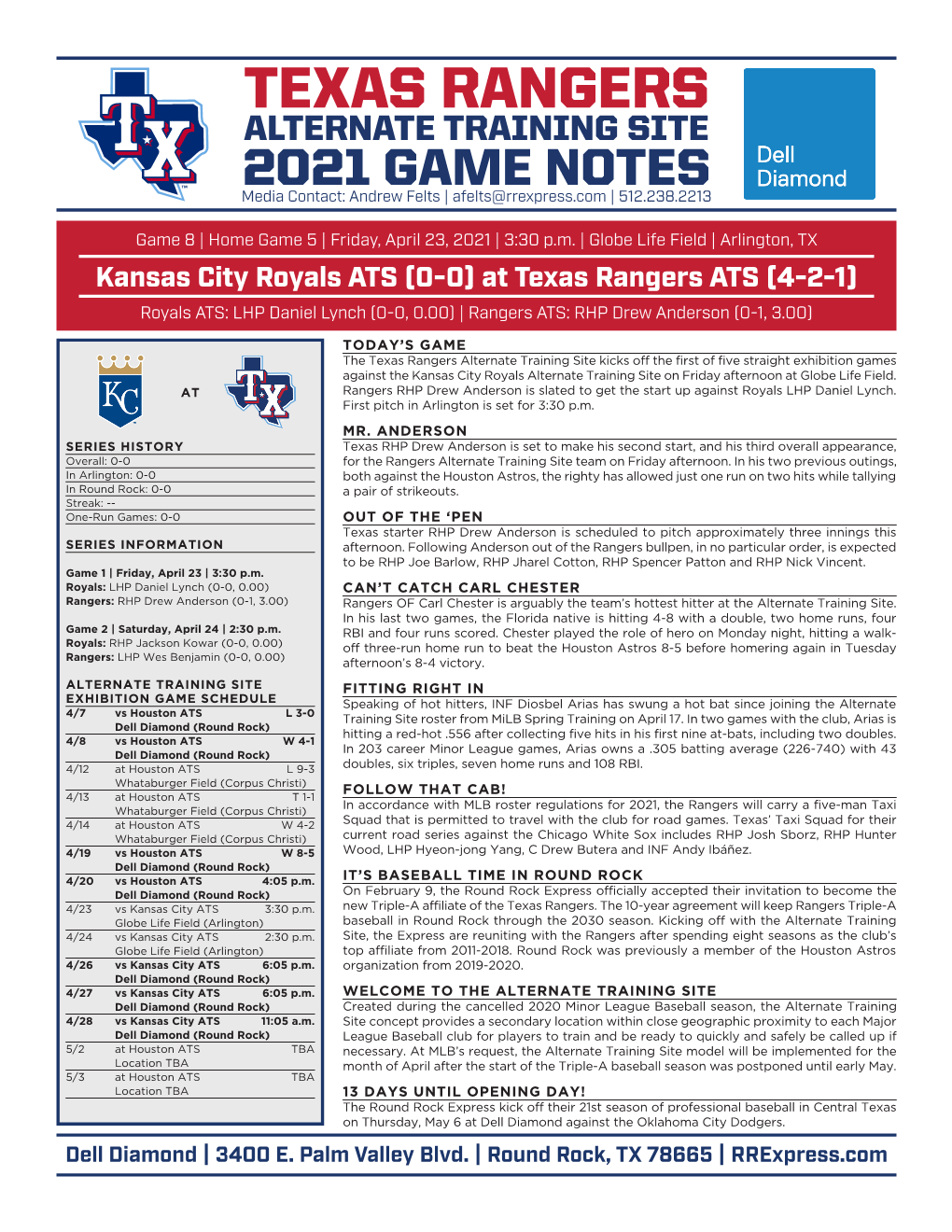 TEXAS RANGERS ALTERNATE TRAINING SITE 2021 GAME NOTES Media Contact: Andrew Felts | Afelts@Rrexpress.Com | 512.238.2213