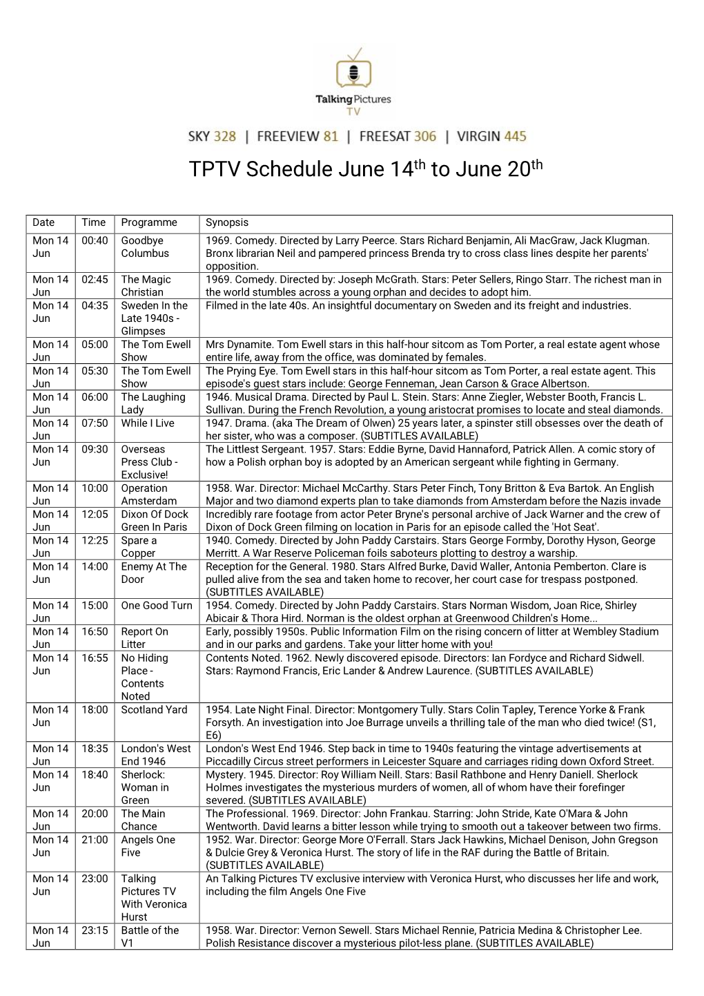 TPTV Schedule June 14Th to June 20Th