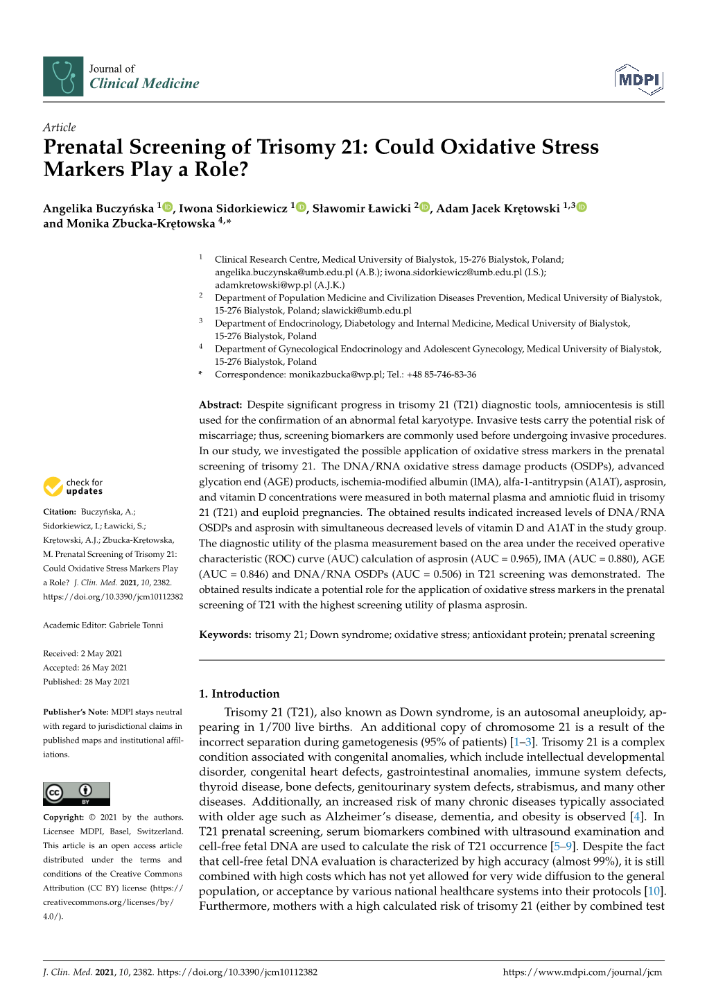 Prenatal Screening of Trisomy 21: Could Oxidative Stress Markers Play a Role?