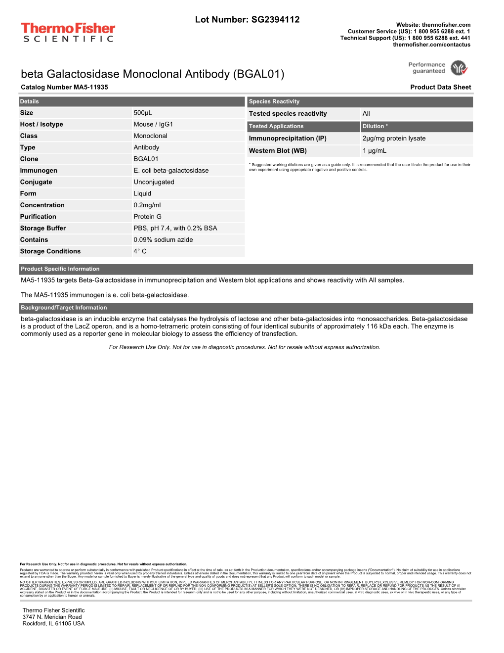 Beta Galactosidase Monoclonal Antibody (BGAL01) Catalog Number MA5-11935 Product Data Sheet