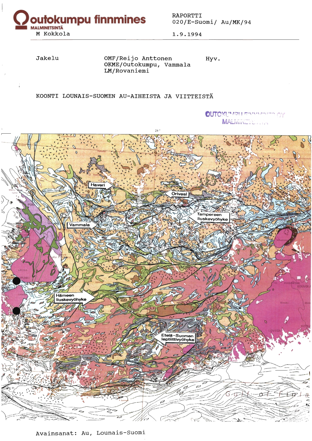 Ooulokumpu Finnmines 020/E-Suomi/ Au/MK/94 MALMINETSINTÄ M Kokkola 1.9.1994