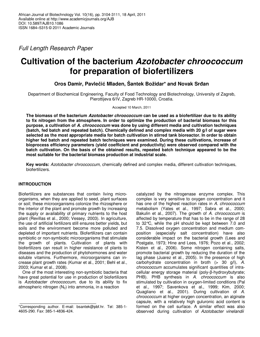 Cultivation of the Bacterium Azotobacter Chroococcum for Preparation of Biofertilizers
