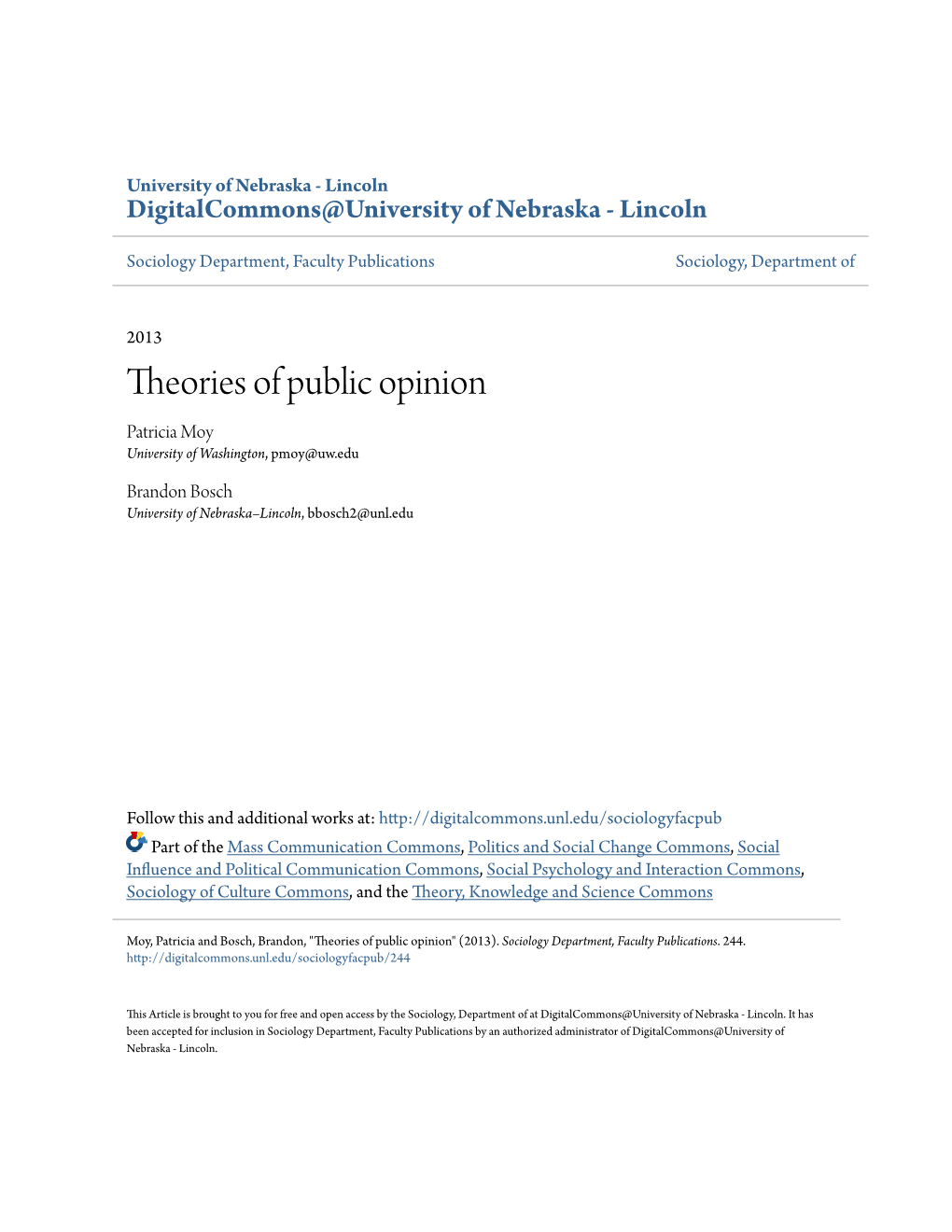 Theories of Public Opinion Patricia Moy University of Washington, Pmoy@Uw.Edu