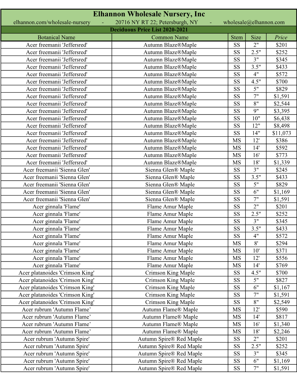 Elhannon Wholesale 2021 Price List