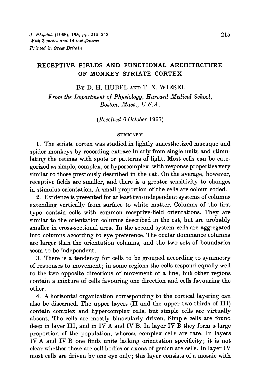 RECEPTIVE FIELDS and FUNCTIONAL ARCHITECTURE of MONKEY STRIATE CORTEX by D