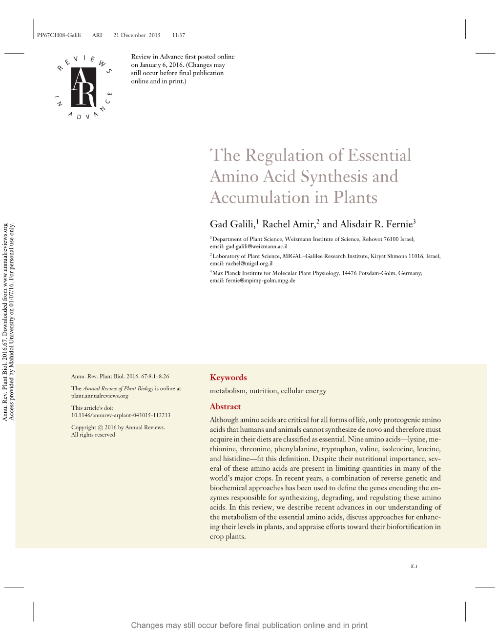 The Regulation of Essential Amino Acid Synthesis and Accumulation in Plants