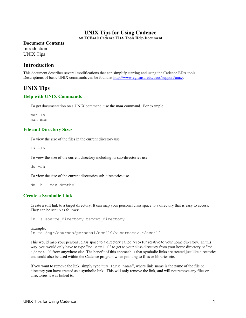 UNIX Tips for Using Cadence an ECE410 Cadence EDA Tools Help Document Document Contents Introduction UNIX Tips