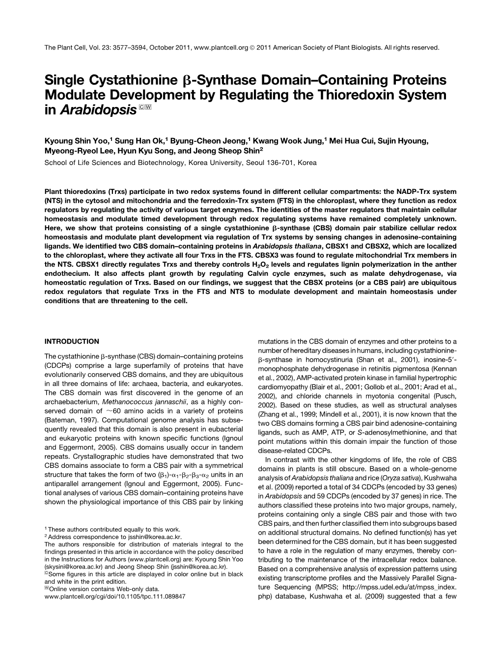 Single Cystathionine B-Synthase Domain–Containing Proteins Modulate Development by Regulating the Thioredoxin System in Arabidopsis C W