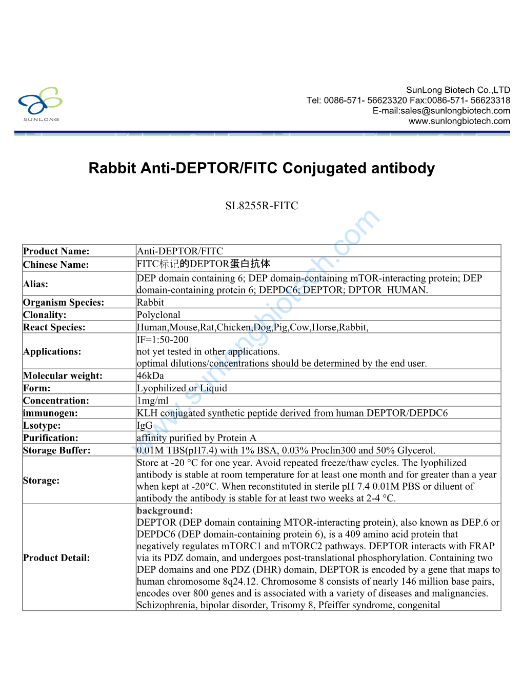 Rabbit Anti-DEPTOR/FITC Conjugated Antibody-SL8255R-FITC
