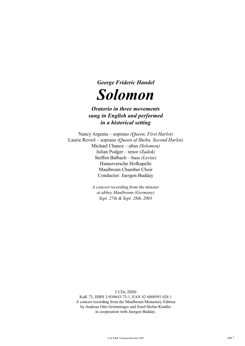 Solomon Oratorio in Three Movements Sung in English and Performed in a Historical Setting