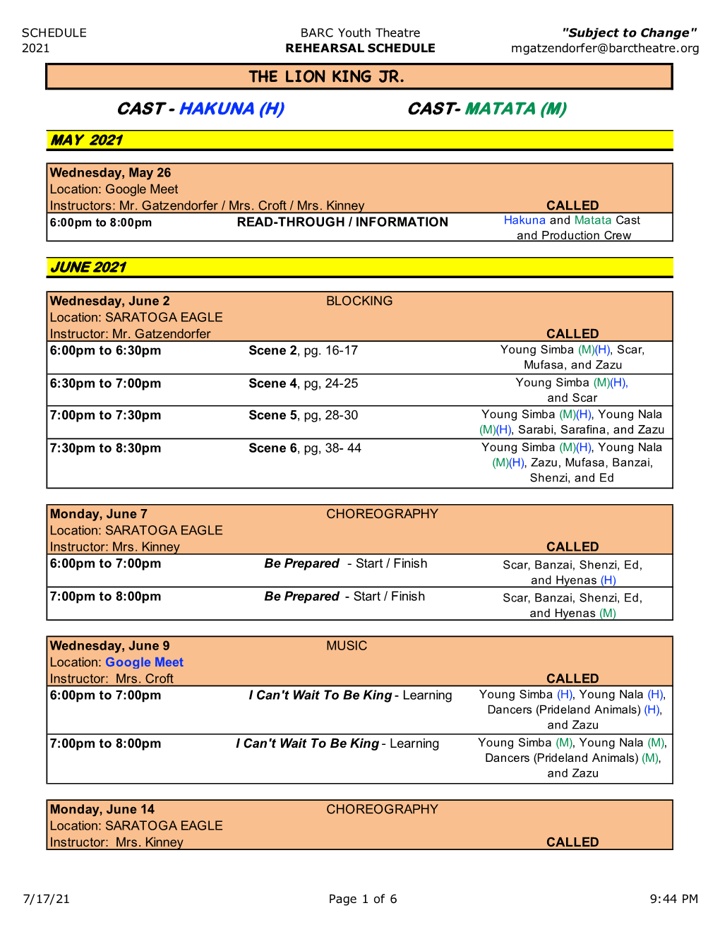 The Lion King Jr. Rehearsal Schedule 7.17.21