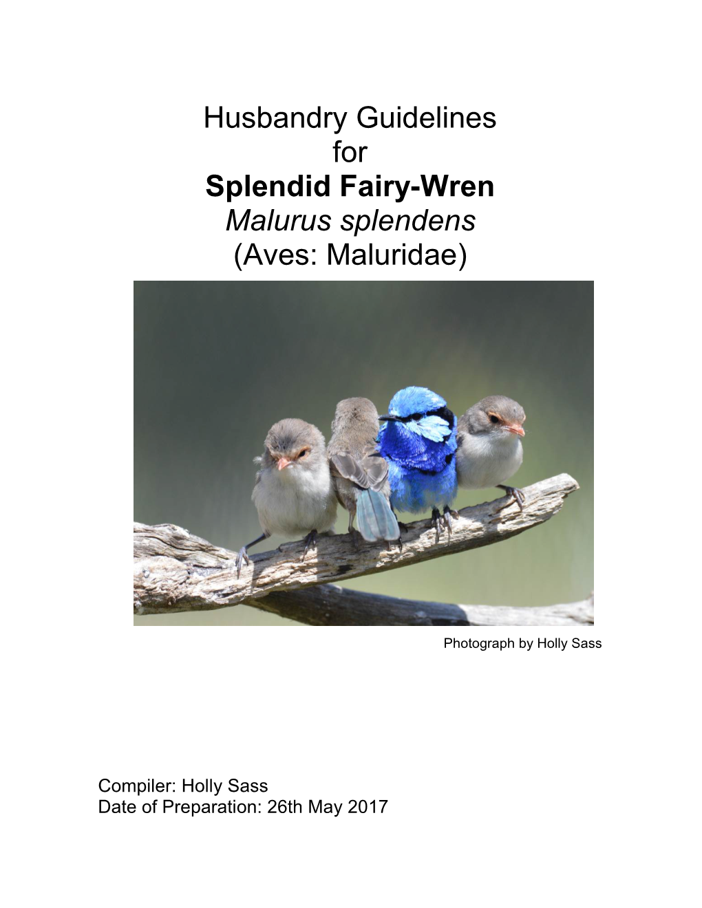 Husbandry Guidelines for Splendid Fairy-Wren Malurus Splendens (Aves: Maluridae)
