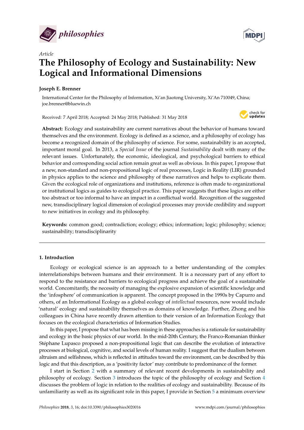 The Philosophy of Ecology and Sustainability: New Logical and Informational Dimensions