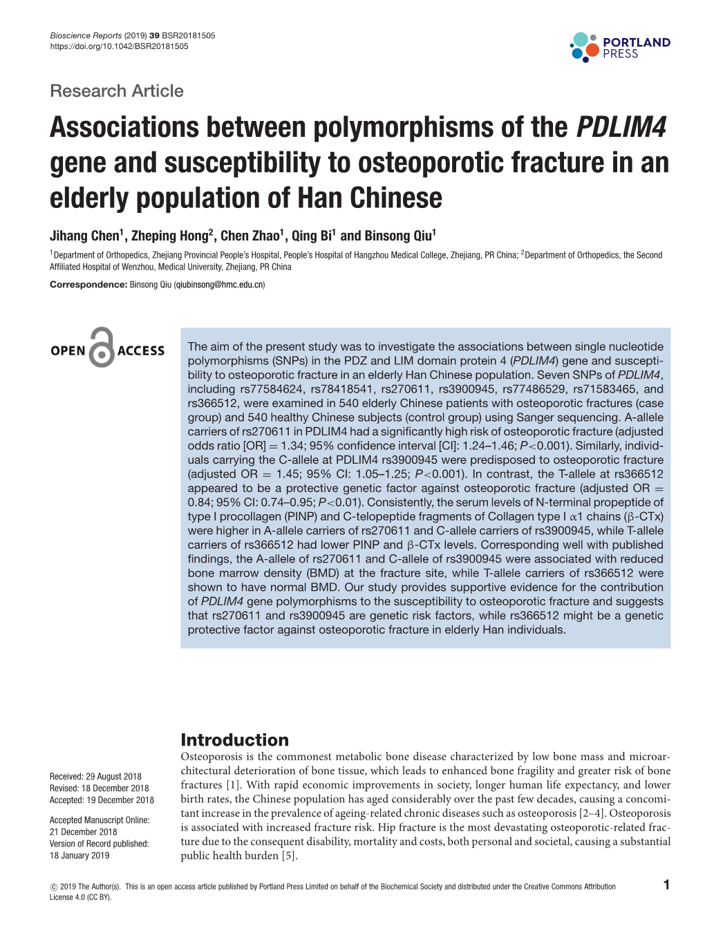 Associations Between Polymorphisms of the PDLIM4 Gene and Susceptibility to Osteoporotic Fracture in an Elderly Population of Han Chinese