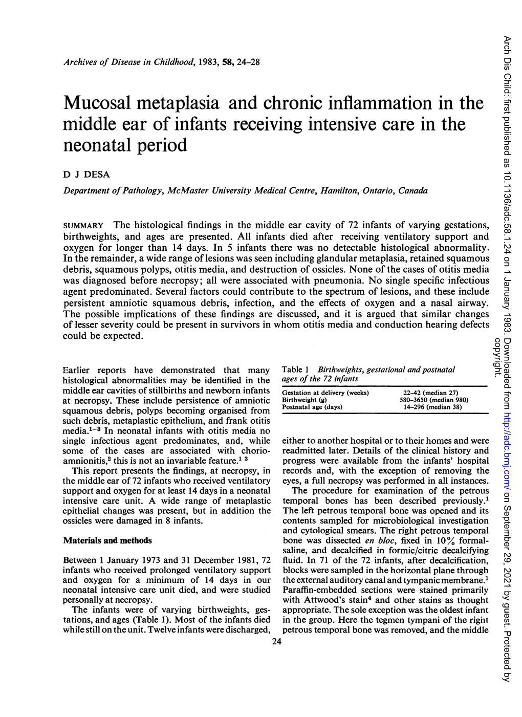 Mucosal Metaplasia and Chronic Inflammation in the Middle Ear of Infants Receiving Intensive Care in the Neonatal Period