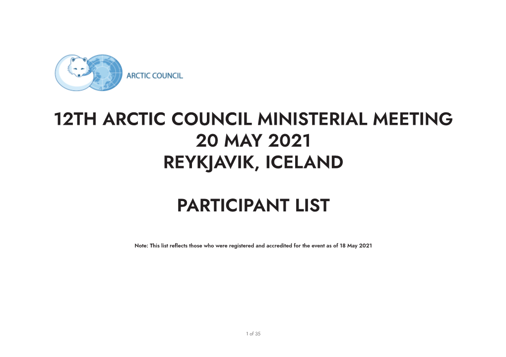 12Th Arctic Council Ministerial Meeting 20 May 2021 Reykjavik, Iceland