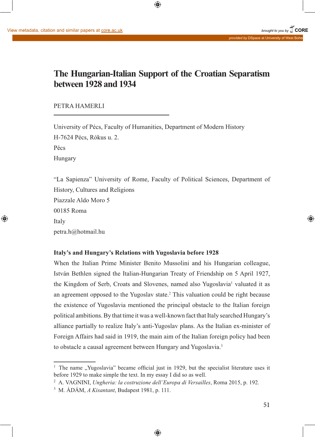 The Hungarian-Italian Support of the Croatian Separatism Between 1928 and 1934