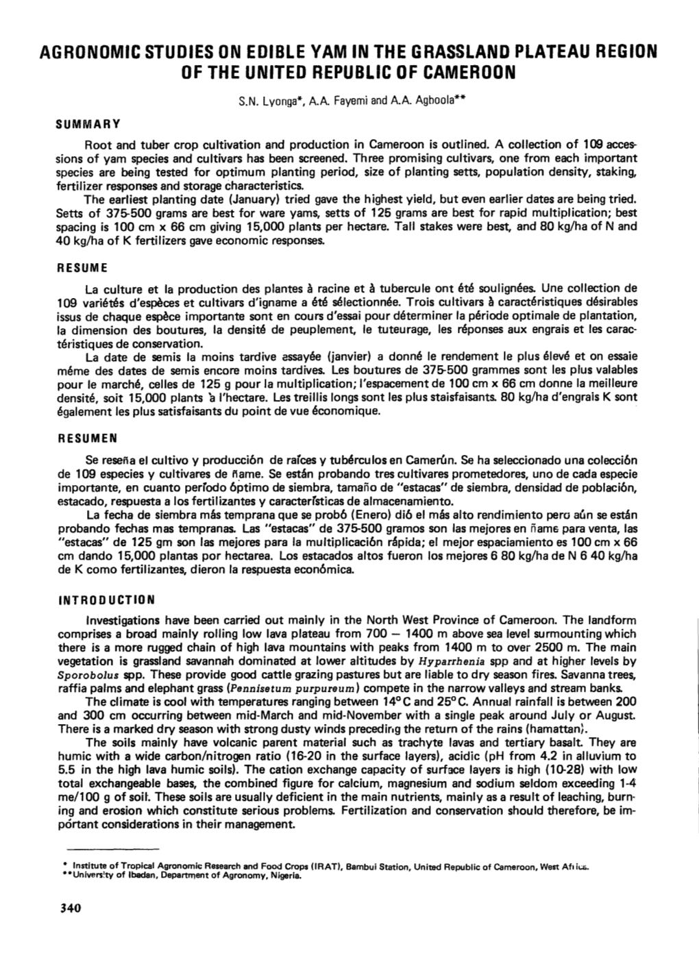 Agronomic Studies on Edible Yam in the Grassland Plateau Region of the United Republic of Cameroon