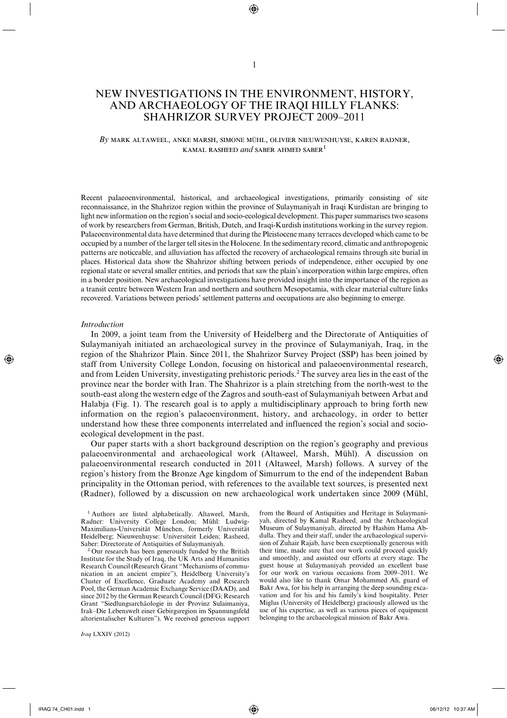 New Investigations in the Environment, History, and Archaeology of the Iraqi Hilly Flanks: Shahrizor Survey Project 2009–2011