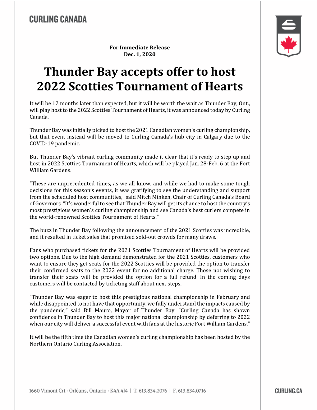 Thunder Bay Accepts Offer to Host 2022 Scotties Tournament of Hearts