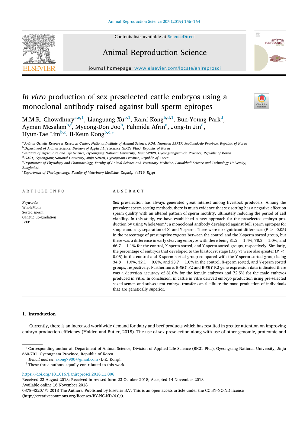 In Vitro Production of Sex Preselected Cattle Embryos Using a Monoclonal Antibody Raised Against Bull Sperm Epitopes T M.M.R