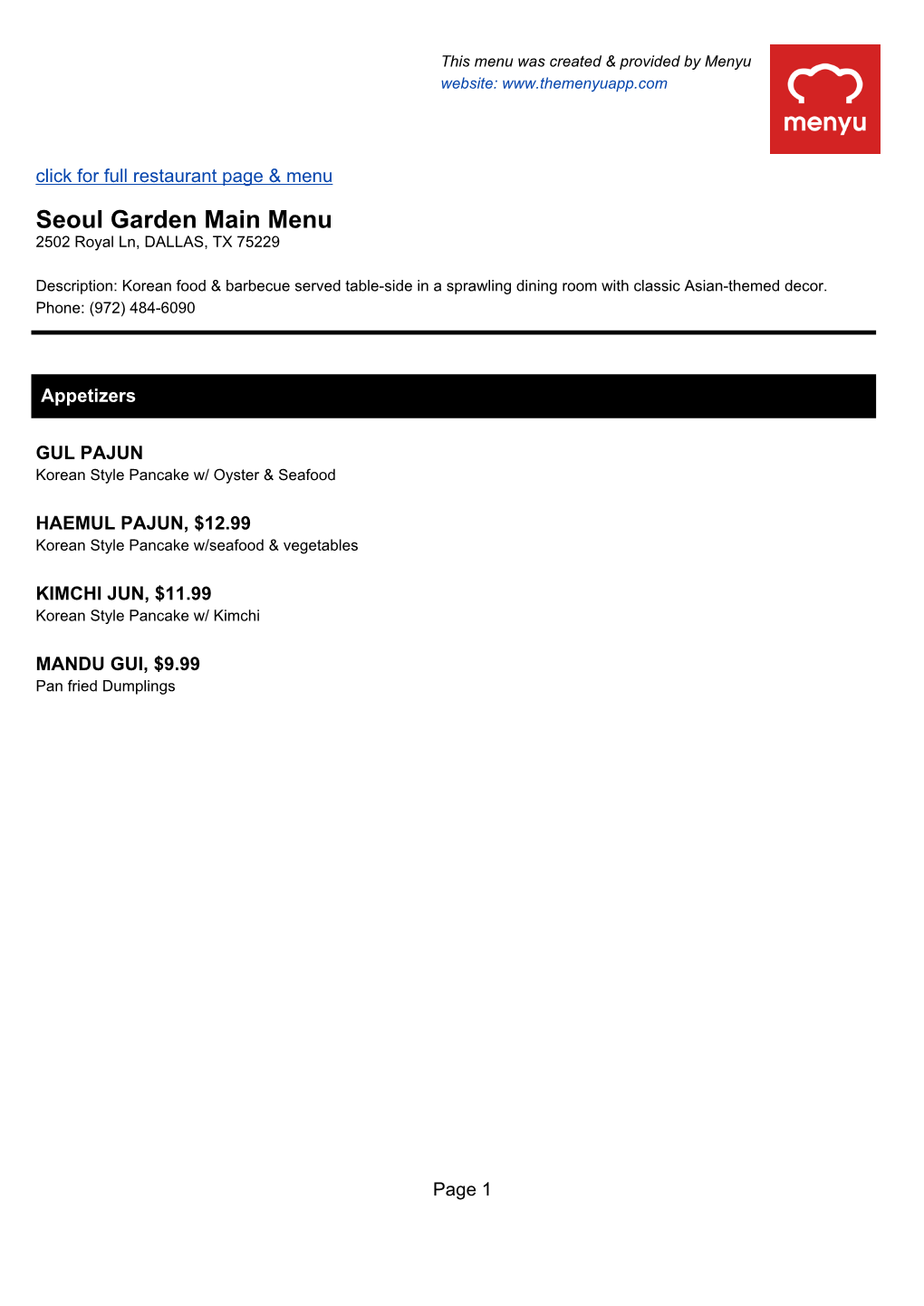 Seoul Garden Main Menu 2502 Royal Ln, DALLAS, TX 75229