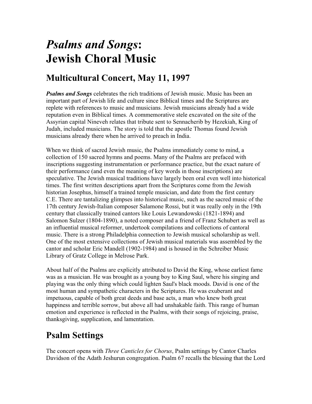 Psalms and Songs: Jewish Choral Music Multicultural Concert, May 11, 1997