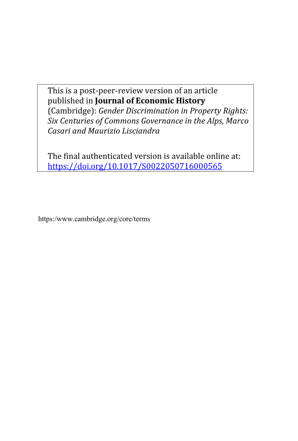 (Cambridge): Gender Discrimination in Property Rights: Six Centuries of Commons Governance in the Alps, Marco Casari and Maurizio Lisciandra