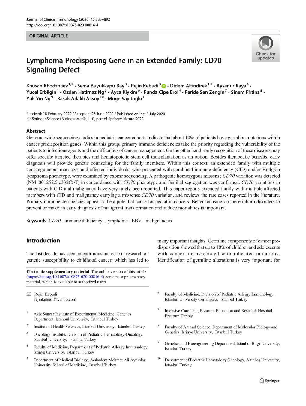 Lymphoma Predisposing Gene in an Extended Family: CD70 Signaling Defect