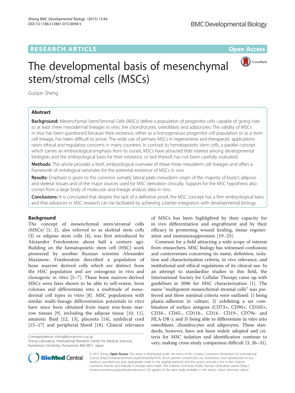 The Developmental Basis of Mesenchymal Stem/Stromal Cells (Mscs) Guojun Sheng