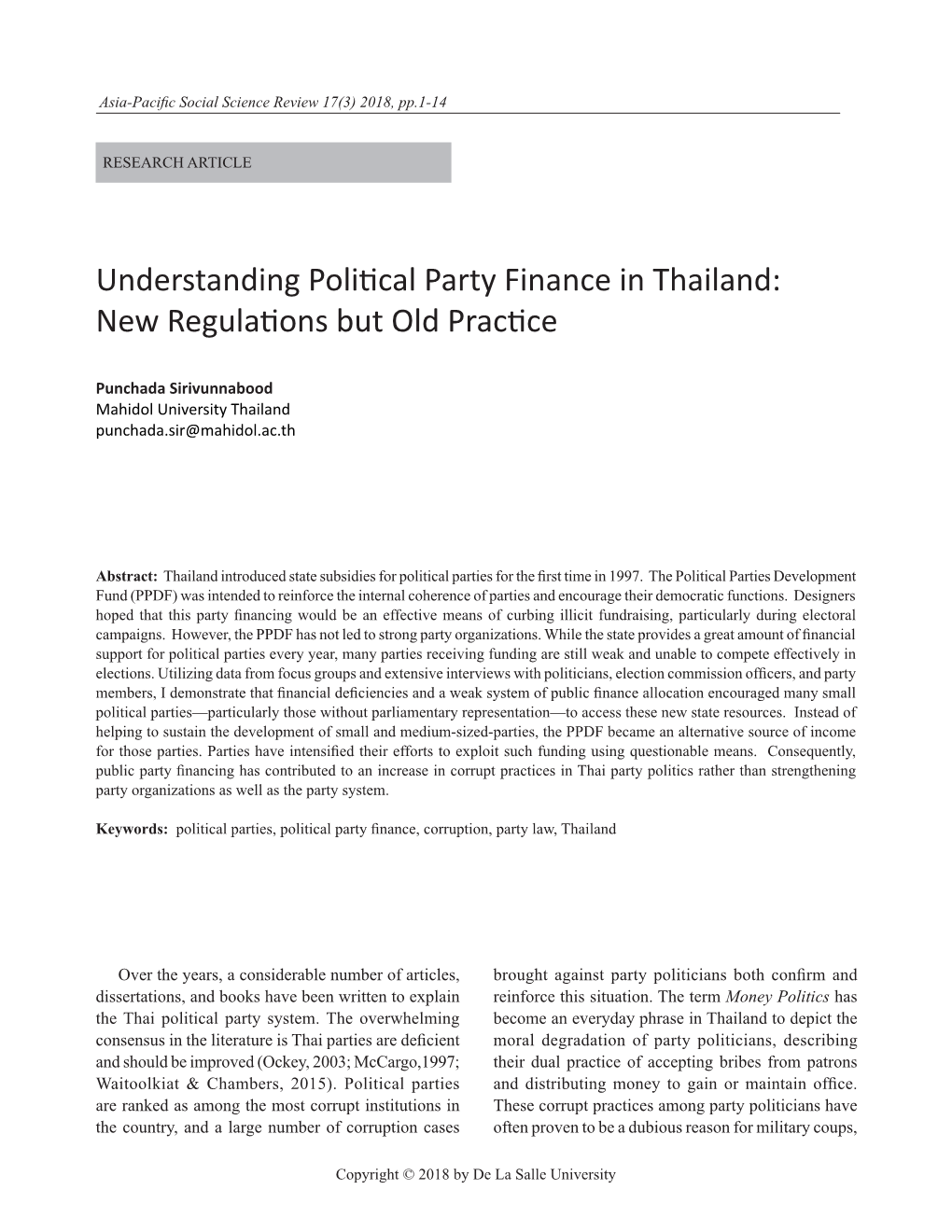 Understanding Political Party Finance in Thailand: New Regulations but Old Practice